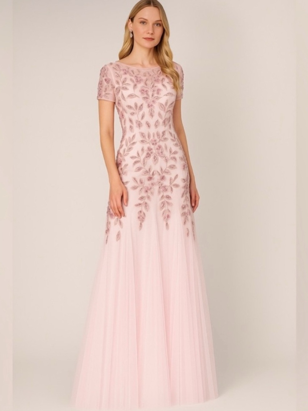 Adrianna Papell Blush Pink Beaded Gown Size 4 NWT Formal Evening Dress MOB GALA